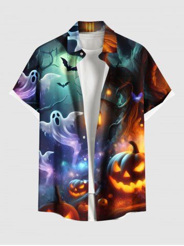 Plus Size Pumpkin Lantern Ghost Bat Tree Print Halloween Ombre Button Pocket Shirt For Men - MULTI-A - XL