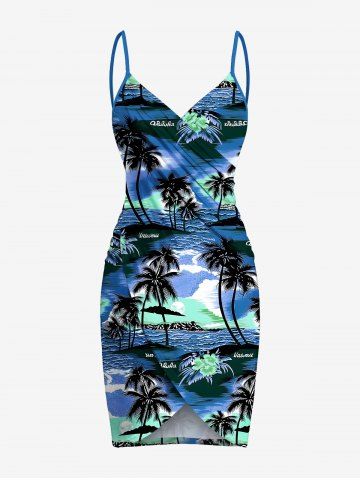 Plus Size Coconut Tree Hibiscus Flower Seascape Print Hawaii Convertible Beach Cover Up - BLUE - S