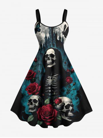 Plus Size Skull Skeleton Rose Flower Moon Butterfly Castle Print Halloween A Line Dress - BLACK - XXS