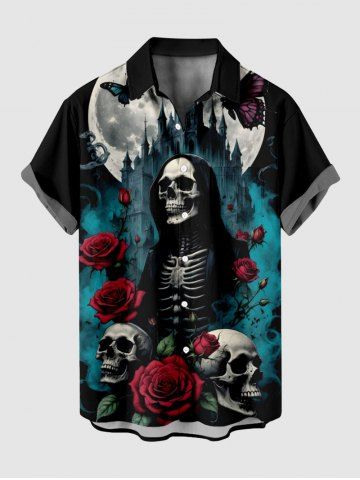 Plus Size Skull Skeleton Rose Flower Moon Butterfly Castle Print Halloween Button Pocket Shirt For Men