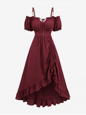 Plus Size Cinched Ruched Ruffles Cold Shoulder Puff Sleeve Textured A Line Vintage Dress - RED WINE - 1X | US 14-16