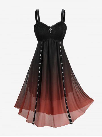 Plus Size Skull Fishnet Cross Dip Dye Ombre Mesh Strap Grommet A Line Cami Dress - BLACK - 5X | US 30-32