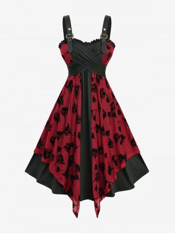 Flowers Flocking Mesh Ruched Crisscross Ruffles Asymmetrical Tank Dress - RED WINE - XL