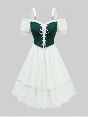 Flowers Jacquard Lace Up Panel Layered Ruffles Cold Shoulder Tank Dress - WHITE - M