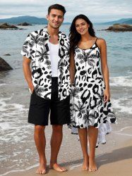 Tenue de plage hawaïenne grande taille à imprimé léopard et cocotier pour couple - Noir 