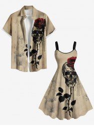 Halloween Ink Painting Skull Rose Flower Leaf Print Plus Size Matching Outfit For Couples -  