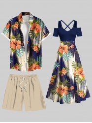 Tropical Leaf Hibiscus Flower Ethnic Print Plus Size Matching Hawaii Beach Outfit For Couples -  