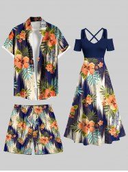 Tenue de plage hawaïenne assortie grande taille à imprimé feuilles tropicales et fleurs d'hibiscus et vagues pour couples - Noir 