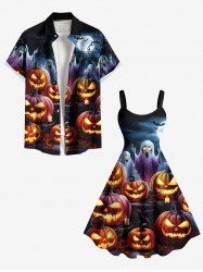 Halloween Pumpkin Lantern Ghost Bat Galaxy Print Plus Size Matching Outfit For Couples -  