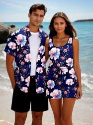 Matching Hawaii Shirt and Romper Plus Size Beach Outfit Ombre Flower Print For Couples -  