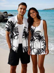 Coconut Tree Print Plus Size Matching Hawaii Beach Outfit For Couples -  