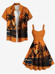 Coconut Tree Sea Waves Boat Sun Print Plus Size Matching Hawaii Beach Outfit For Couples -  
