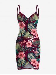 Housse de plage hawaïenne convertible grande taille à imprimé feuilles tropicales et fleurs d'hibiscus - Rouge Vineux XS