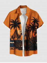 Plus Size Coconut Tree Sea Waves Boat Sun Print Buttons Pocket Hawaii Shirt For Men -  