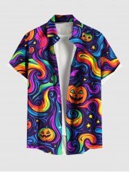 Plus Size Halloween Pumpkin Bat Star Rainbow Swirls Print Buttons Pocket Shirt For Men -  