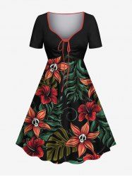 Plus Size Skulls Tropical Leaf Hibiscus Flowers Print Cinched Hawaii Dress -  
