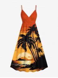 Robe camisole hawaïenne grande taille à imprimé cocotier, soleil, paysage marin et oiseaux - Orange XXS