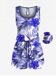 Combinaison hawaïenne cintrée grande taille à imprimé feuilles tropicales et fleurs d'hibiscus - Bleu L