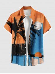 Plus Size Coconut Tree Colorblock Moon Print Hawaii Button Pocket Shirt For Men -  