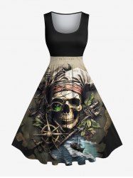 Robe trapèze vintage années 50 à imprimé tête de mort, pirate, carte, voilier, boussole, croisière hawaïenne, grande taille - Noir 2X