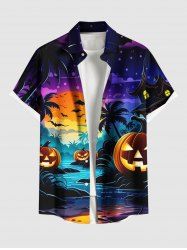Plus Size Pumpkin Lantern Coconut Tree River Bat Moon Ombre Galaxy Print Halloween Button Pocket Shirt For Men -  