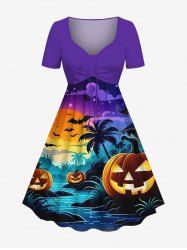 Plus Size Pumpkin Lantern Coconut Tree River Bat Moon Ombre Galaxy Print Halloween Cinched A Line Dress -  