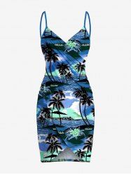 Couverture de plage convertible grande taille à imprimé cocotier, hibiscus et paysage marin hawaïen - Bleu 1X