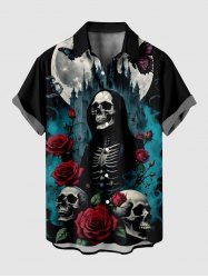 Plus Size Skull Skeleton Rose Flower Moon Butterfly Castle Print Halloween Button Pocket Shirt For Men -  