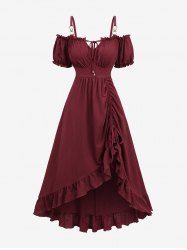 Plus Size Cinched Ruched Ruffles Cold Shoulder Puff Sleeve Textured A Line Vintage Dress -  