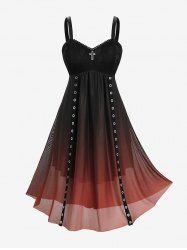 Plus Size Skull Fishnet Cross Dip Dye Ombre Mesh Strap Grommet A Line Cami Dress -  
