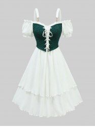 Flowers Jacquard Lace Up Panel Layered Ruffles Cold Shoulder Tank Dress -  