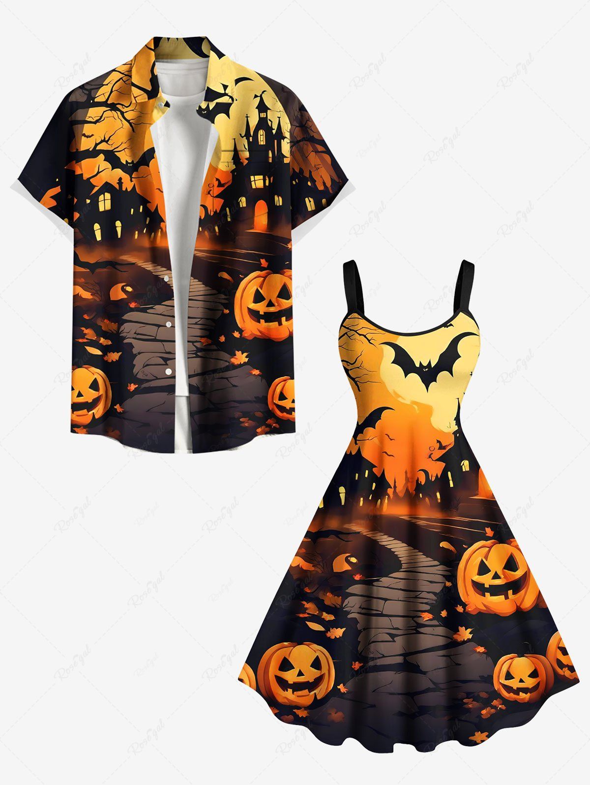 Chic Halloween Pumpkin Bat Tree Castle Print Plus Size Matching Outfit For Couples  
