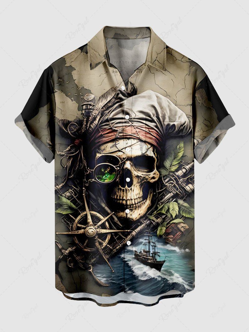 Chic Plus Size Skull Pirate Map Sea Sailboat Compass Print Hawaii Cruise Button Pocket Shirt For Men  