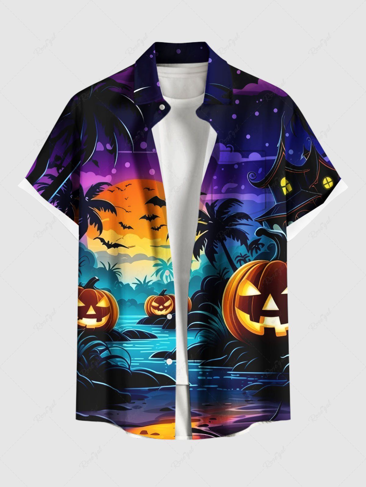 Discount Plus Size Pumpkin Lantern Coconut Tree River Bat Moon Ombre Galaxy Print Halloween Button Pocket Shirt For Men  