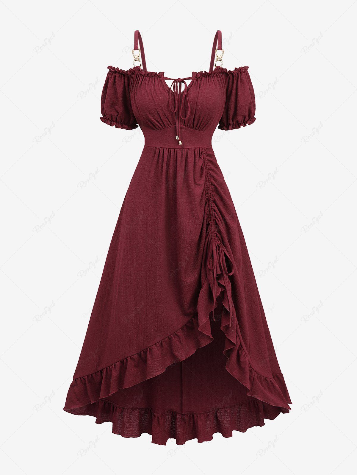 Plus Size Cinched Ruched Ruffles Cold Shoulder Puff Sleeve Textured A Line Vintage Dress Rouge Vineux 5x | US 30-32
