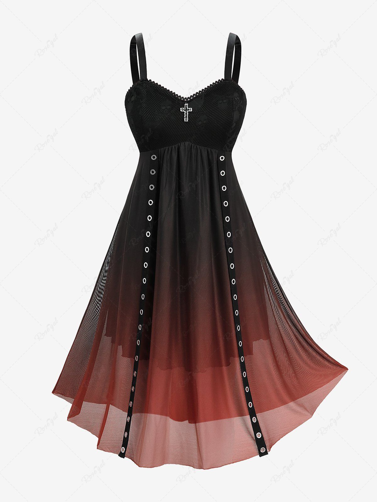 Store Plus Size Skull Fishnet Cross Dip Dye Ombre Mesh Strap Grommet A Line Cami Dress  