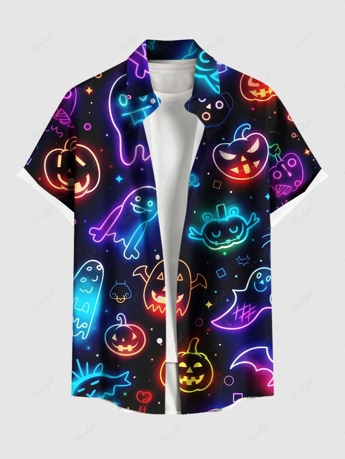 Chemise grande taille pour homme, motif citrouille d'Halloween, fantôme, néon, imprimé 3D, boutons et poches Noir 2XL
