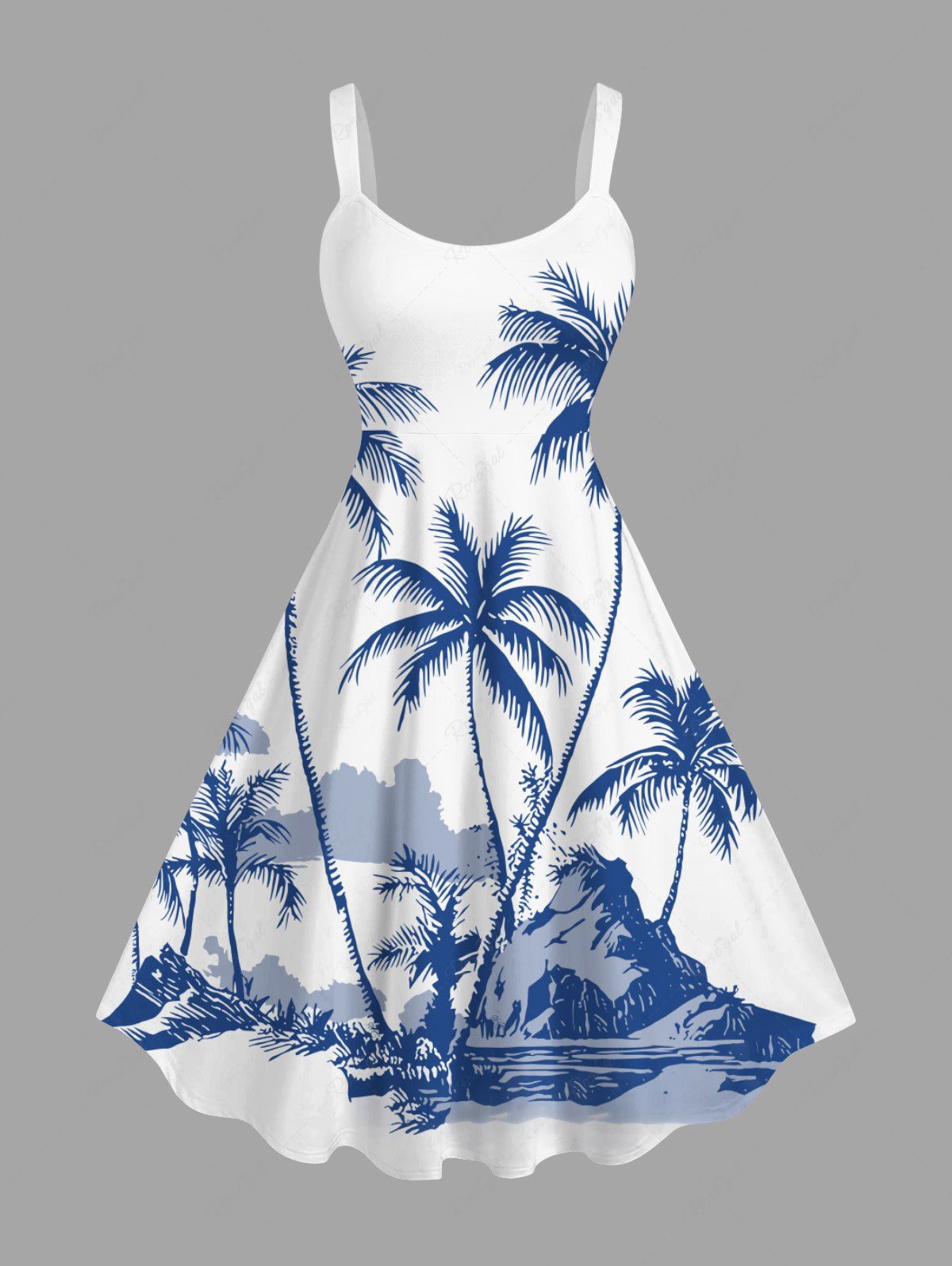 Robe débardeur hawaïenne grande taille à imprimé cocotiers, montagnes et nuages Blanc XXS