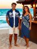 Tenue de plage hawaïenne assortie grande taille à imprimé floral ethnique et graphique pour couples - Bleu profond 