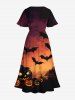 Plus Size Pumpkin Bat Ombre Galaxy Print Halloween Split Pocket A Line Midi Dress -  
