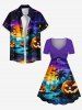 Plus Size Pumpkin Lantern Coconut Tree River Bat Moon Ombre Galaxy Print Halloween Cinched A Line Dress -  