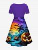 Plus Size Pumpkin Lantern Coconut Tree River Bat Moon Ombre Galaxy Print Halloween Cinched A Line Dress -  
