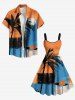 Robe débardeur trapèze hawaïenne grande taille à imprimé lune et cocotiers colorblock - Orange XXS