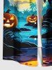 Plus Size Pumpkin Lantern Coconut Tree River Bat Moon Ombre Galaxy Print Halloween Button Pocket Shirt For Men -  