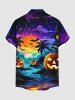 Chemise grande taille à imprimé citrouille, lanterne, cocotier, rivière, chauve-souris, lune, galaxie, ombré, Halloween, bouton, poche, pour homme - Noir 6XL