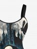 Plus Size Skull Skeleton Rose Flower Moon Butterfly Castle Print Halloween A Line Dress -  