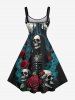 Robe trapèze grande taille à imprimé crâne, squelette, rose, fleur, lune, papillon, château, Halloween - Noir S