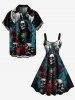 Robe trapèze grande taille à imprimé crâne, squelette, rose, fleur, lune, papillon, château, Halloween - Noir S