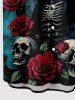 Chemise grande taille à imprimé tête de mort, squelette, rose, fleur, lune, papillon, château, Halloween, boutonnée, poche, pour homme - Noir 3XL