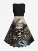 Robe trapèze vintage années 50 à imprimé tête de mort, pirate, carte, voilier, boussole, croisière hawaïenne, grande taille - Noir 2X